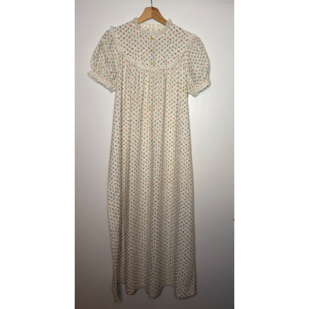 Lanz of Salzburg Nightgown Women Small White Red Blue Floral Eyelet Lace Vintage